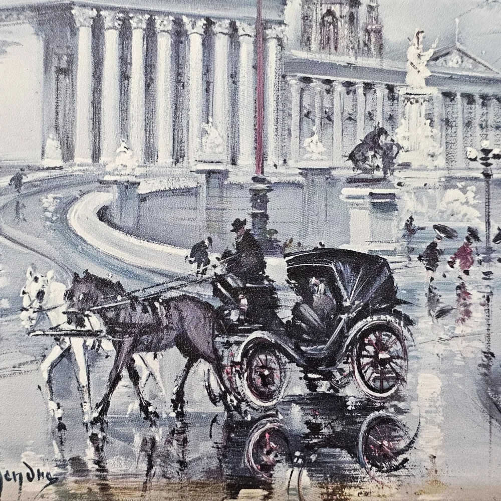 Vintage Maurice Legendre Vienna Street Scene Print Tram Horse Carriage Art